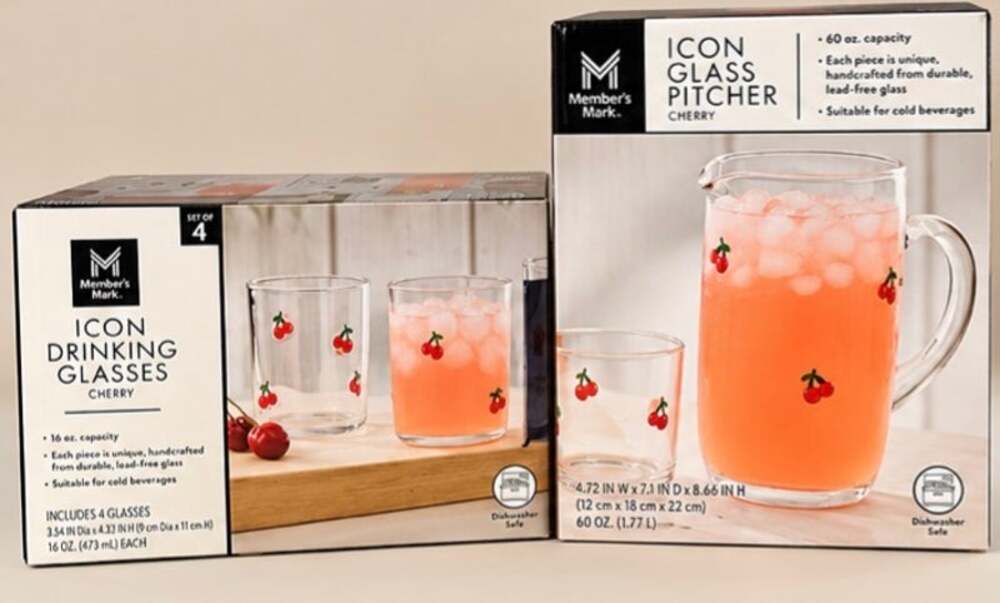 Member's Mark Handcrafted Cherry Icon Drinking Glasses 4 Pack &Matching Pitcher